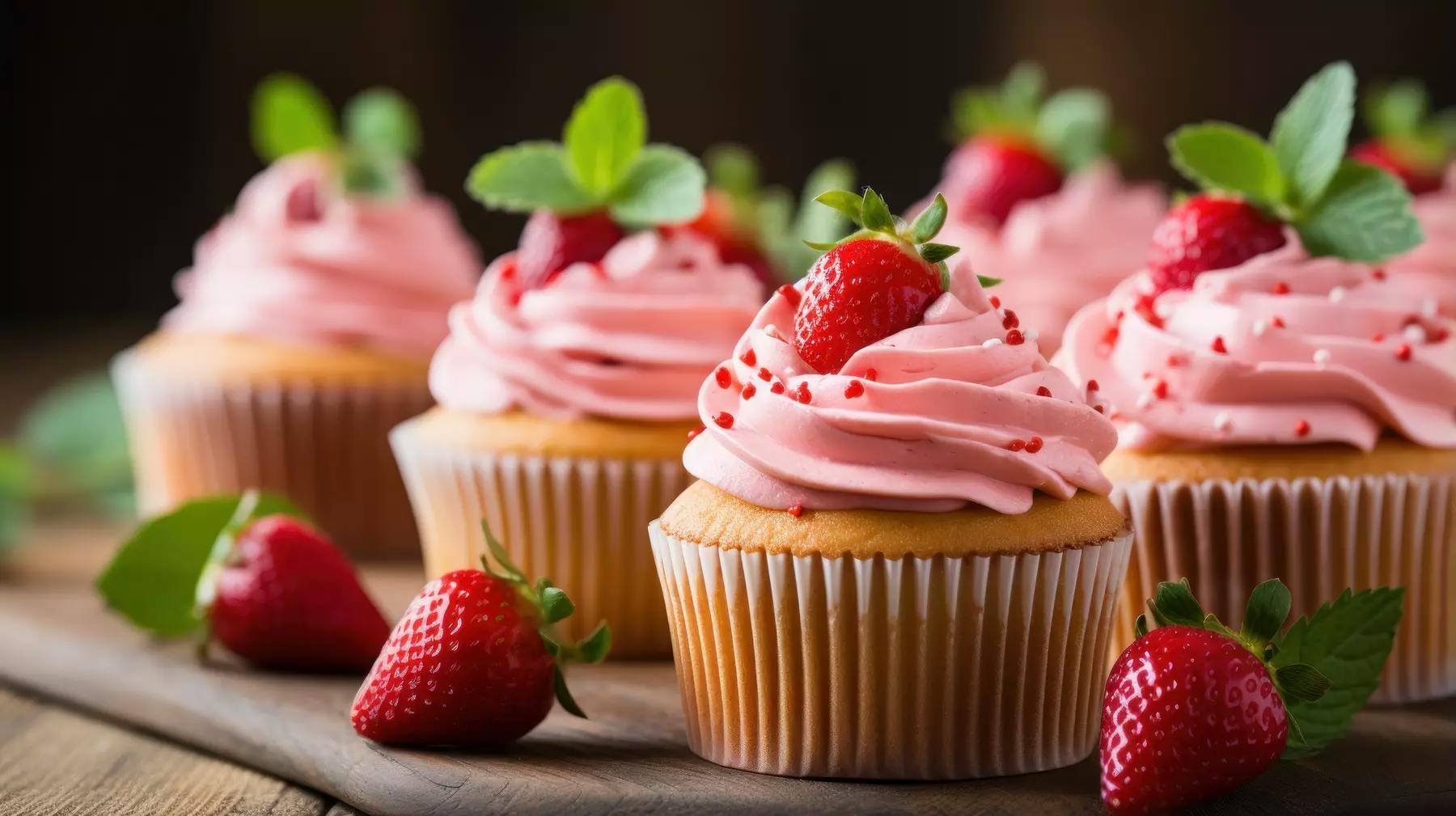 Strawberry cupcakes with fresh strawberry and pink icing / Cupcakes aux fraises avec fraises fraîches et glaçage rose